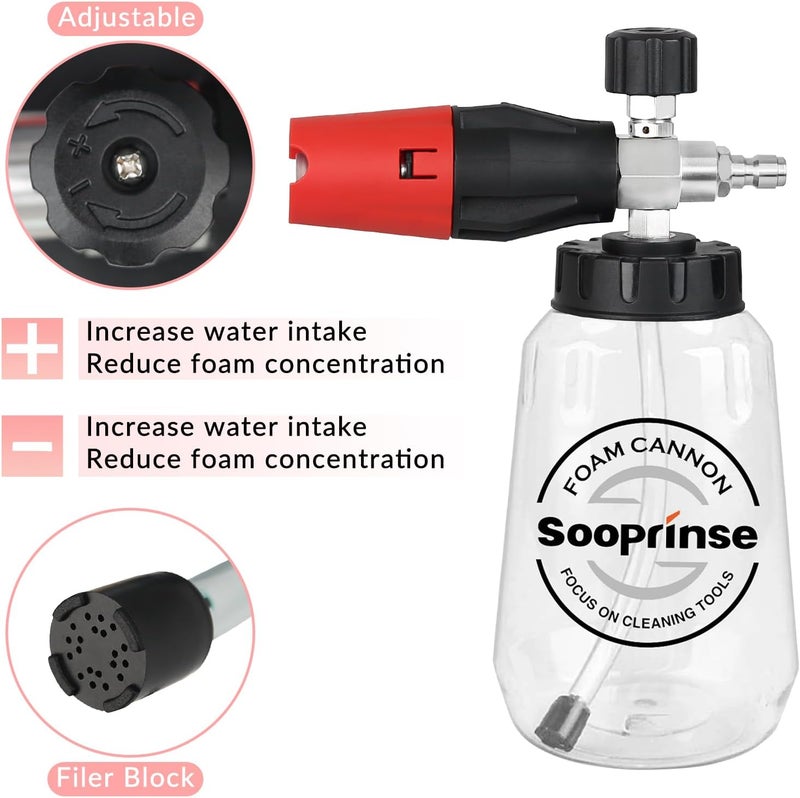 Sooprinse Short Pressure Washer Gun with Foam Cannon, Foam Cannon for Pressure Washer, 1/4 Inch Quick Connector, 5 Nozzle Tips with Car Wash Mitt, 1 Liter - Image 5